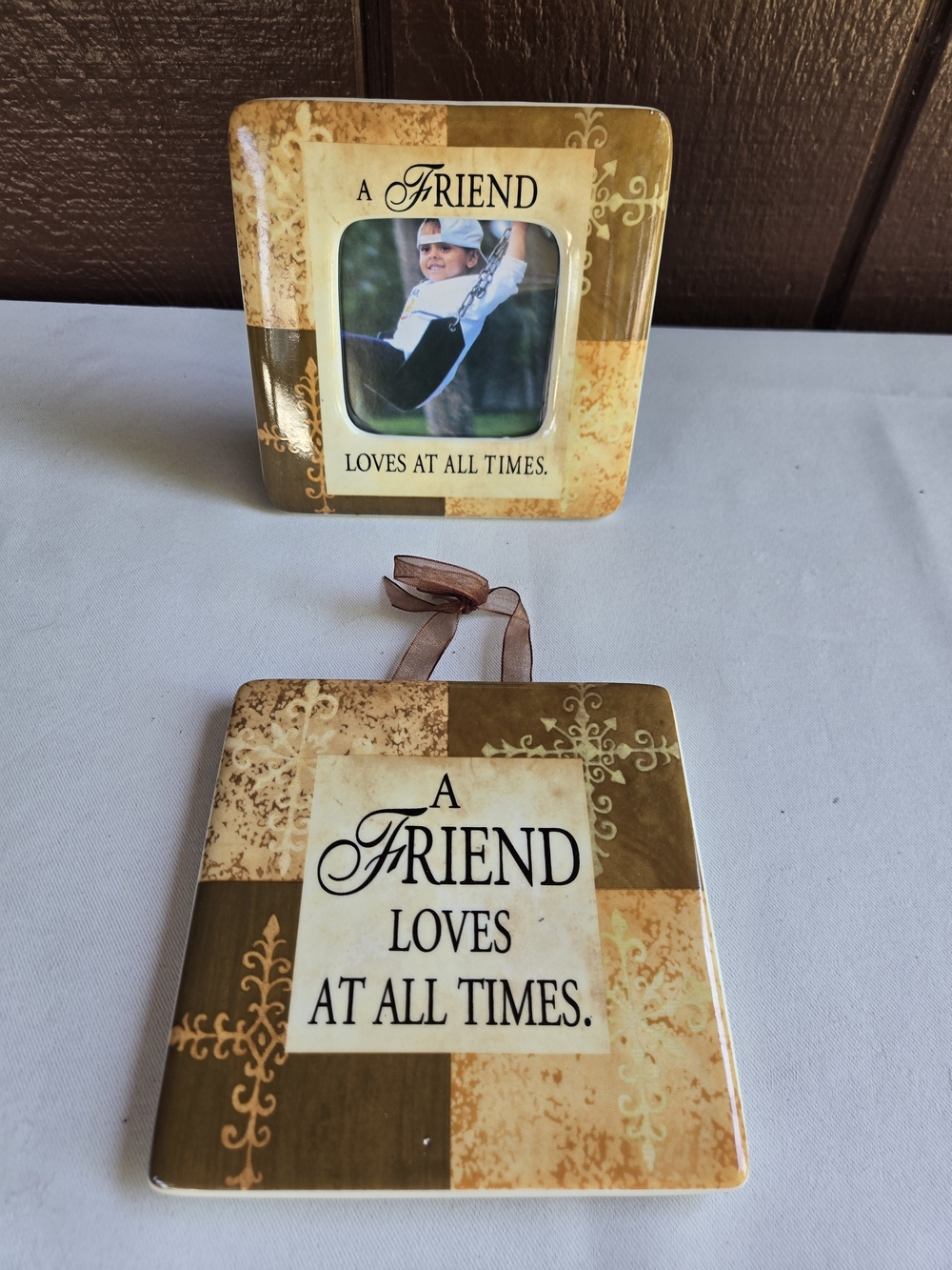 'A Friend Loves At All Times' Brown Wall Plaque and Photo Frame Set